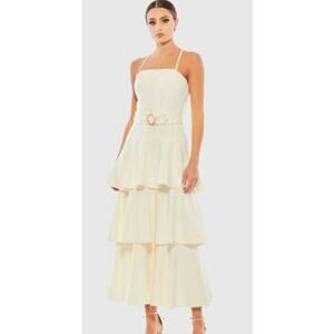 Ieena Mac Duggal Belted Tiered Ruffle Midi Dress Cocktail Prom Formal Sz 14 NWT